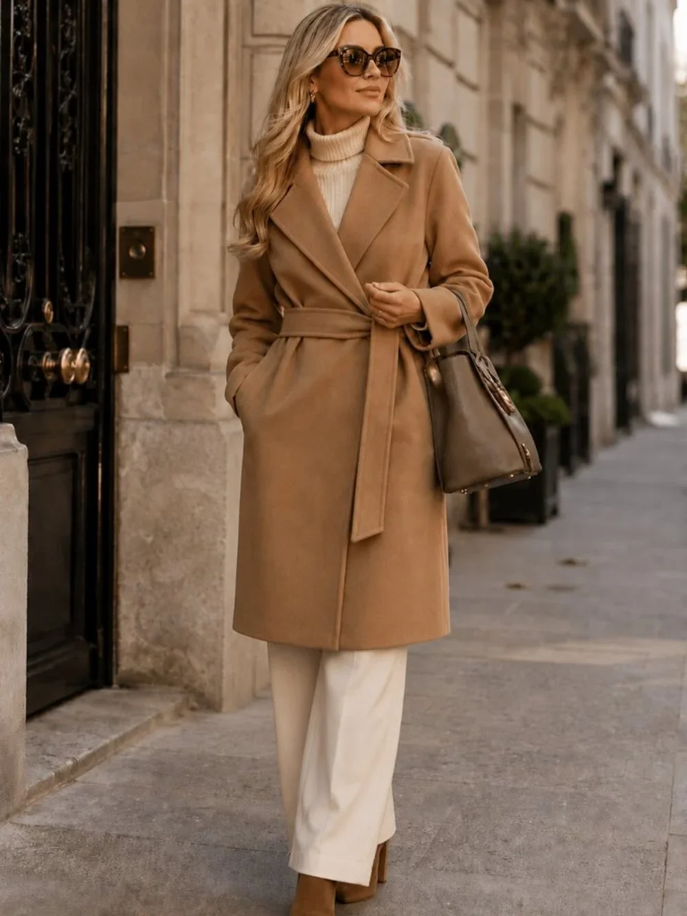 Abercrombie & Fitch Wool Blend Wrap Coat Camel Belted Long Coat Medium Women's